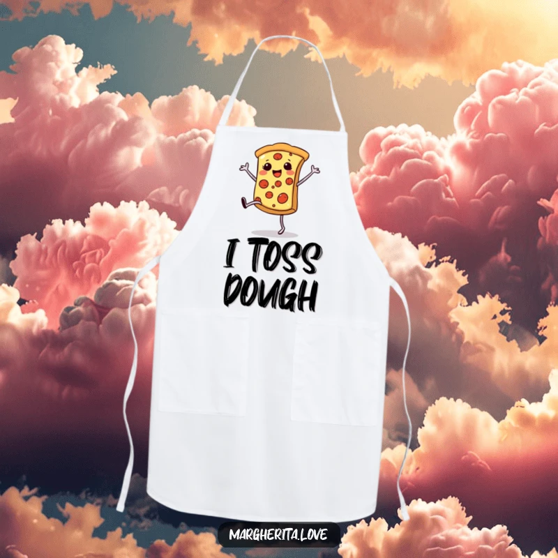 Funny pizza cartwheel apron, depicting a happy pizza slice doing a cartwheel during kitchen tasks humorously.