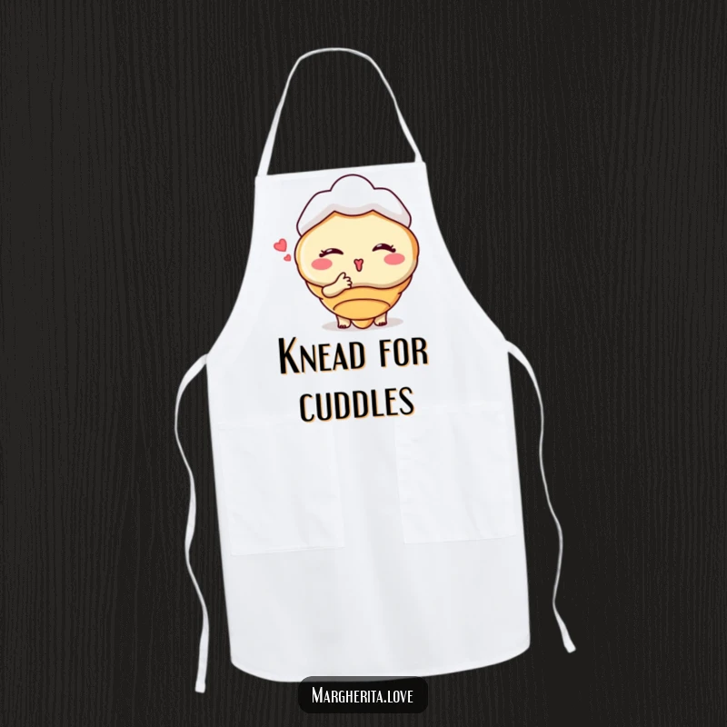 Funny apron featuring a winking croissant character blowing a kiss, designed for kitchen fun and culinary hijinks.