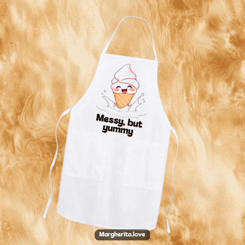 Funny apron showcasing a giggling ice cream cone person splashing in milk, bringing sweet humor and kitchen protection.