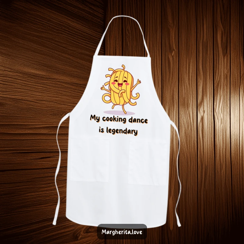 Funny pasta character performing a jubilant dance while wearing a chef's apron, adding humor to kitchen activities.