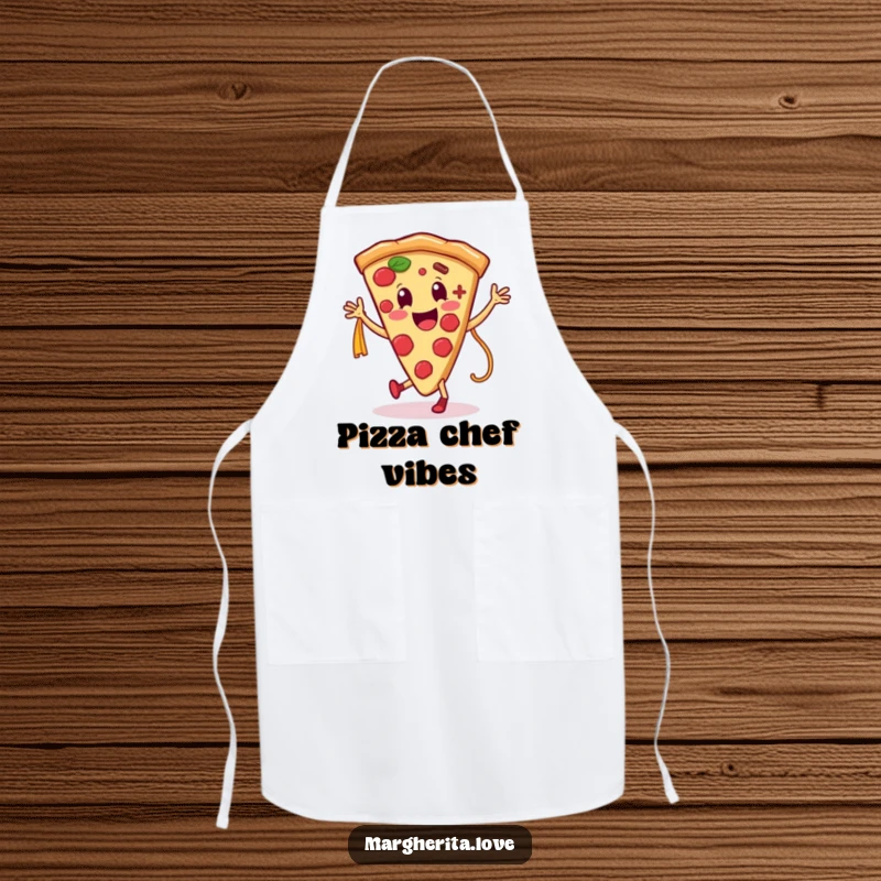 Funny apron showing a smiling pizza slice character dancing enthusiastically with a pasta noodle, perfect for a fun kitchen.