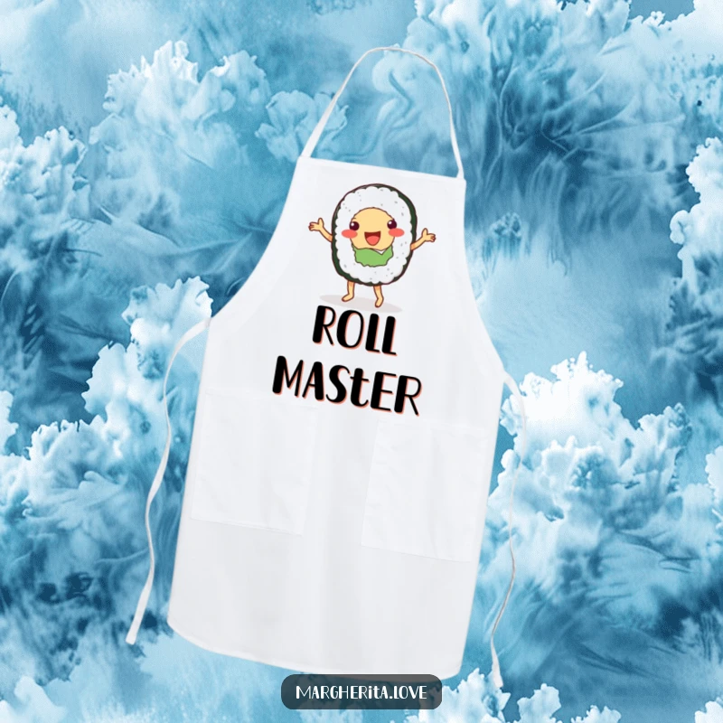 Funny apron depicting a sushi roll character dancing, ideal for cooks who enjoy adding humor to meal prep.
