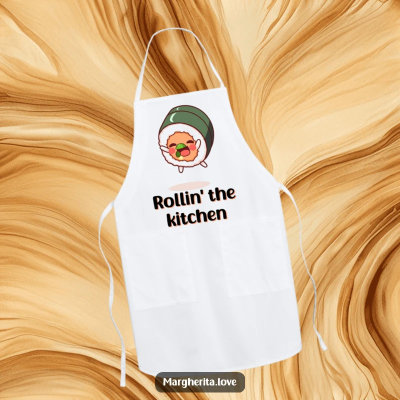 Funny apron showcasing a happy sushi roll character doing a playful somersault, perfect for a fun cooking experience.