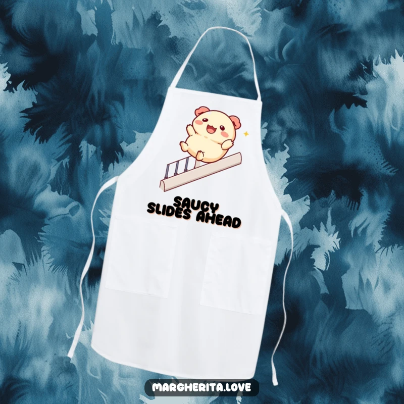 Funny apron depicting a jolly dumpling character sliding down a banister, perfect for adding humor and playfulness to cooking.
