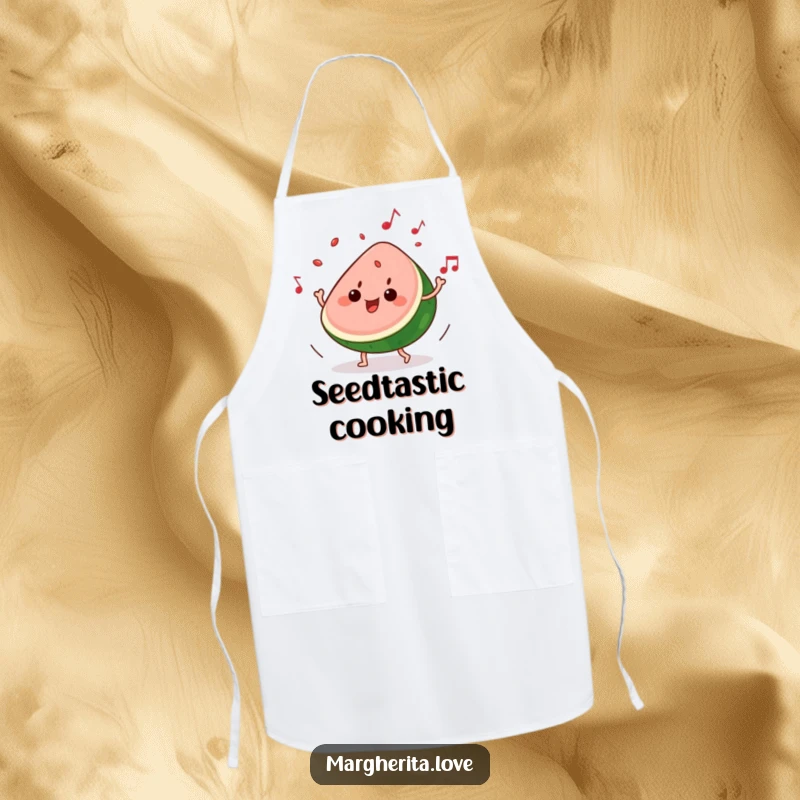 Funny apron: A slice of watermelon grooves to music, seeds playfully popping, ready for kitchen beats.