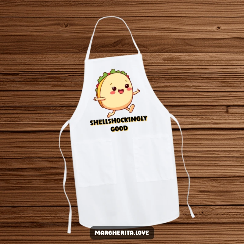 Funny taco jump apron depicting a cheerful taco with legs performing a lively jump, designed for kitchen fun and culinary delight.