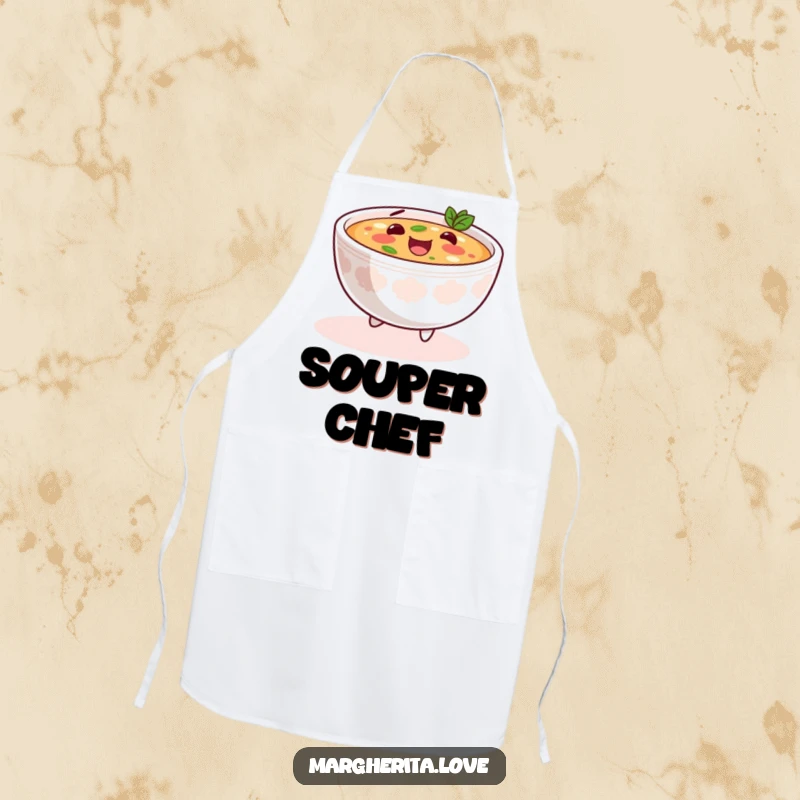 Funny soup skip apron depicting a content bowl of soup doing a happy skip, designed for kitchen comfort and delightful cooking.