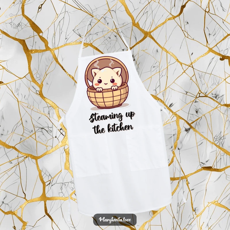 Funny curious dumpling peeking from a steaming basket while wearing an apron, perfect for humorous kitchen activities.