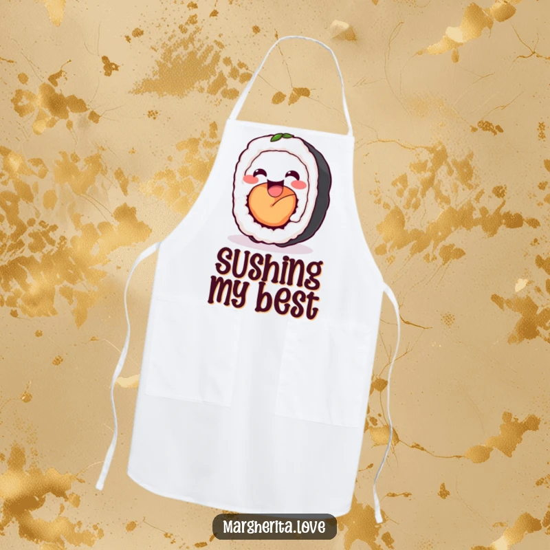 Funny sushi roll wiggle apron depicting a delighted sushi roll wiggling with happiness, designed for kitchen fun and delightful cooking.