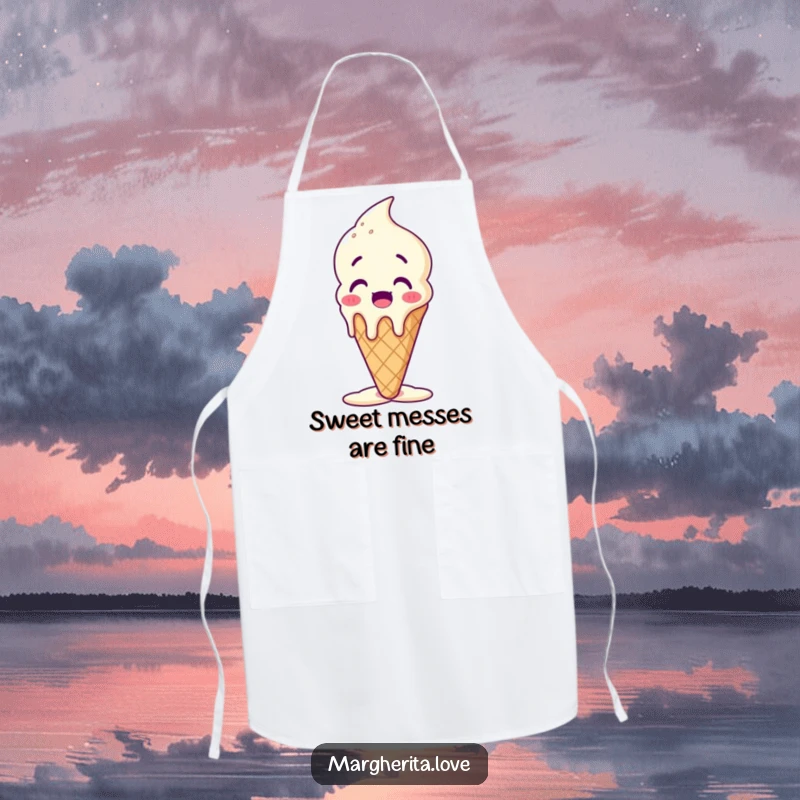 Funny melting ice cream cone apron with a surprised character melting happily, ideal for kitchen use and dessert enthusiasts.