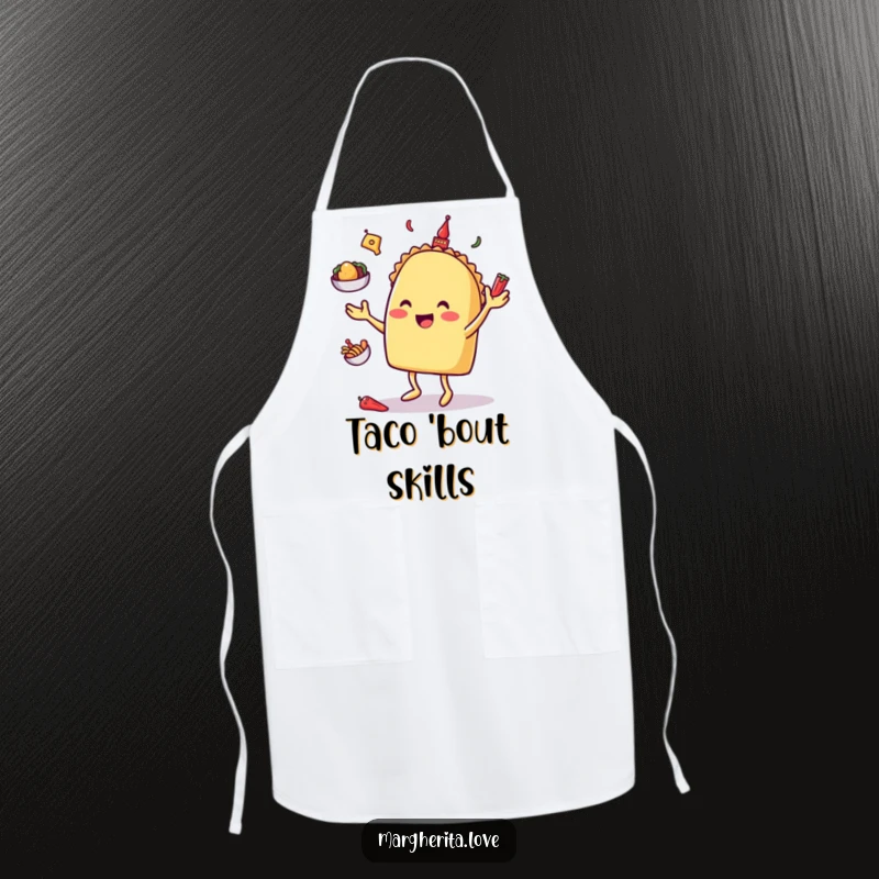 Happy taco character juggling toppings, featured on a functional and humorous apron for kitchen fiestas.