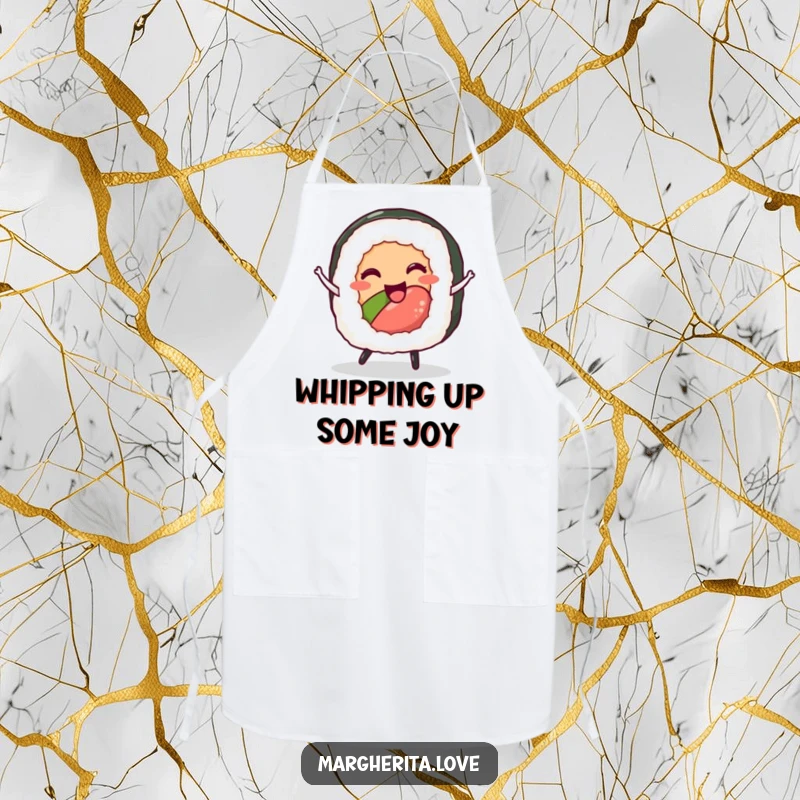 Funny sushi roll apron with a happy character dancing, ideal for kitchen use and culinary enthusiasts.
