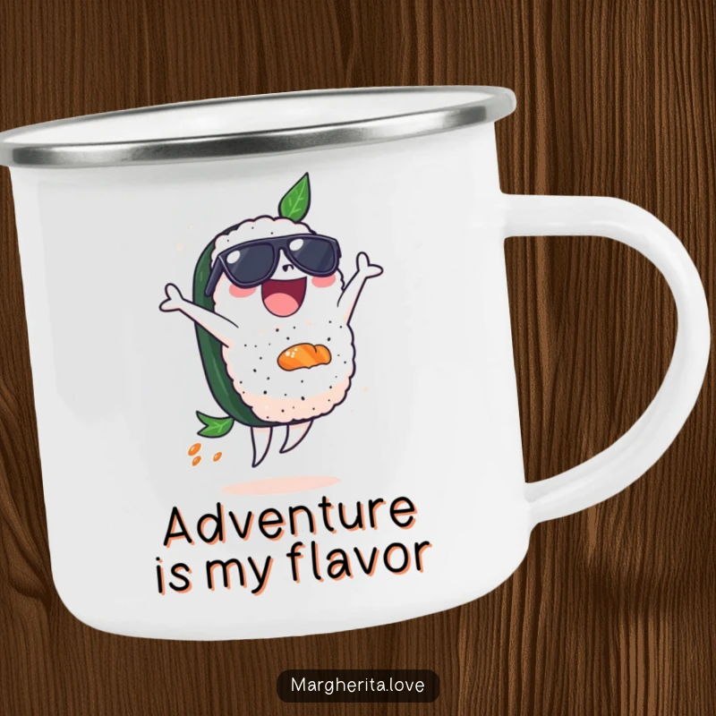 Funny camping mug with a delighted sushi piece in sunglasses doing a backflip, perfect for outdoor fun.