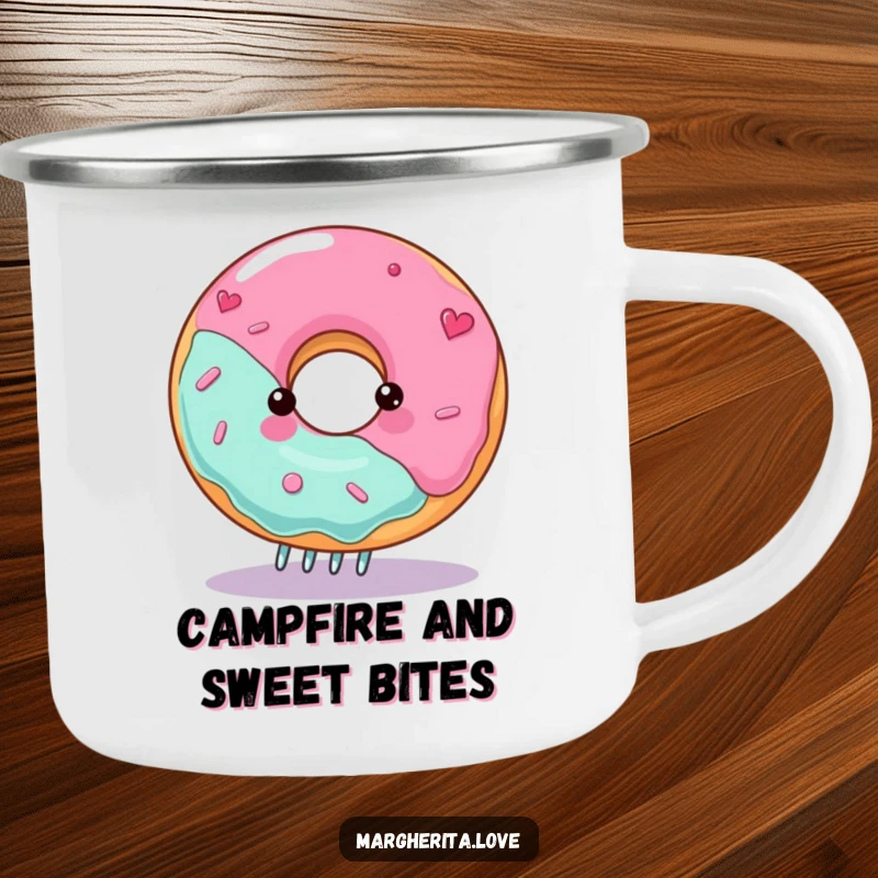 Funny spinning donut dance camping mug featuring a gleeful character on a fork, ideal for outdoor enthusiasts.