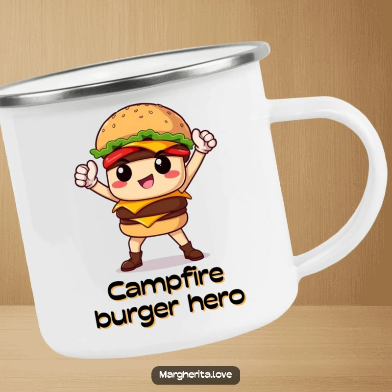 Funny proud burger hero posing heroically on a durable camping mug, perfect for outdoor enthusiasts.