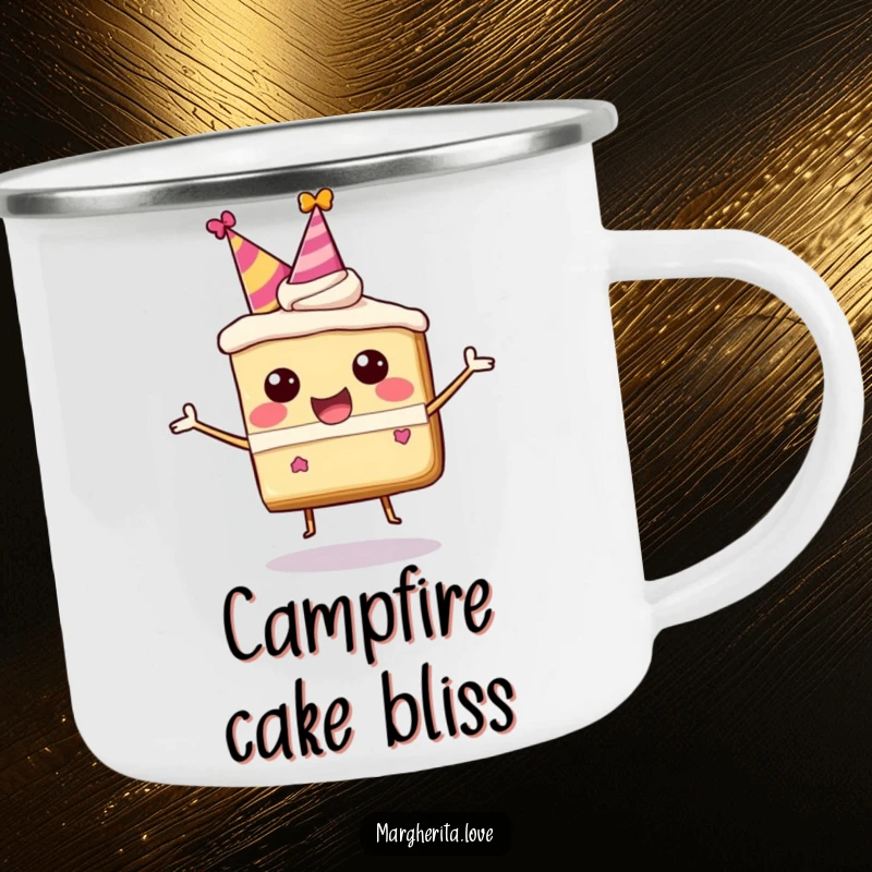 Funny camping mug with a happy, bouncing cake slice character in a party hat, for outdoor celebrations.