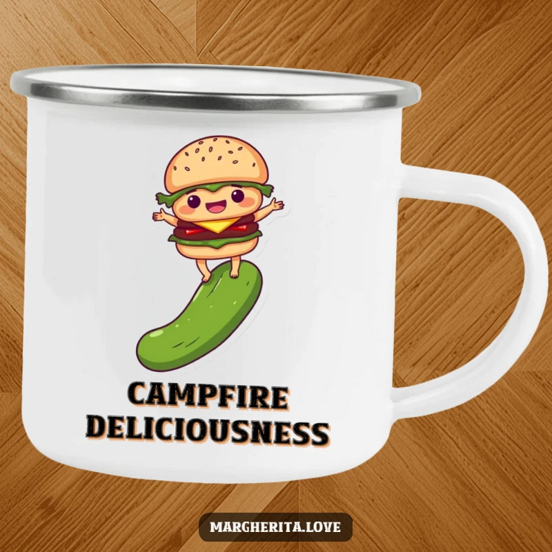 Funny camping mug featuring a delighted burger person balancing on a pickle, adding quirky food humor to outdoor beverages.