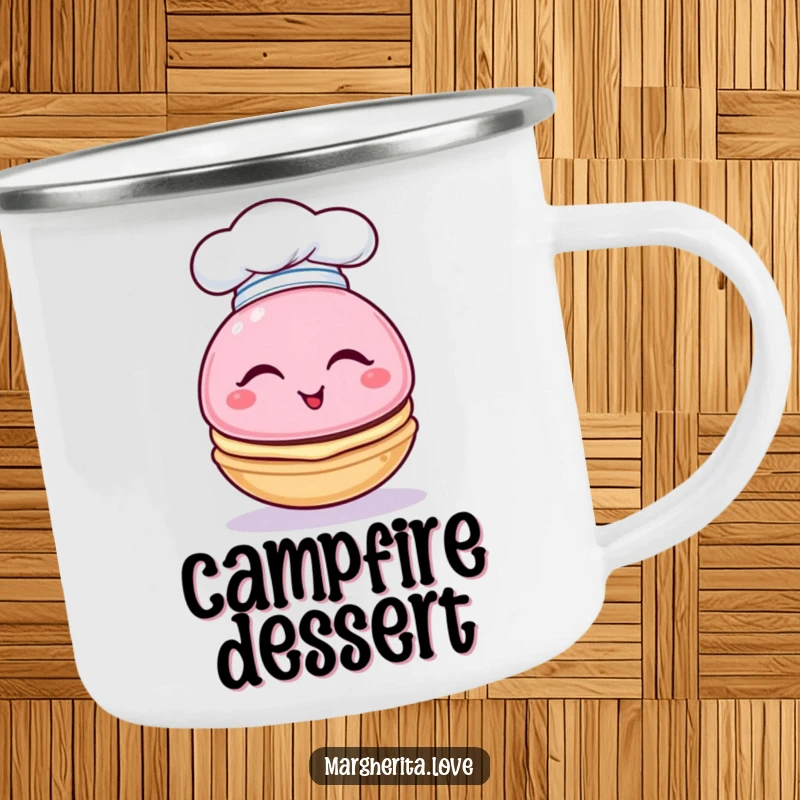 Funny camping mug featuring a winking macaron character wearing a tiny chef hat, ready for outdoor enjoyment.