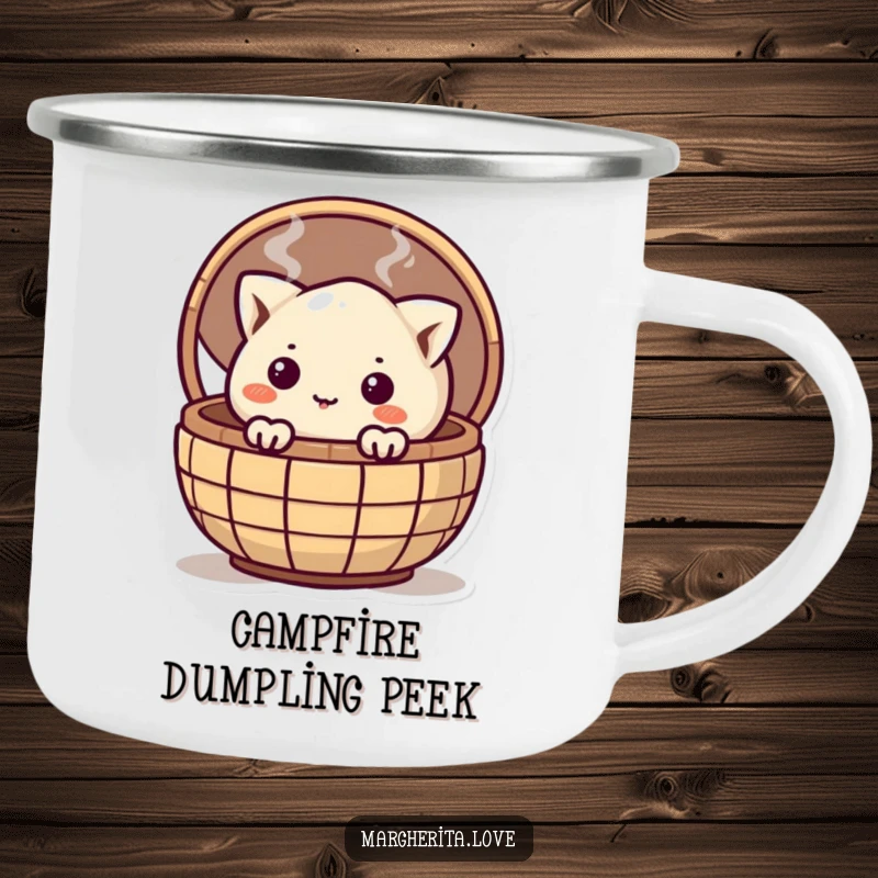 Funny curious dumpling peeking from a steaming basket on a durable camping mug, perfect for outdoor enthusiasts.