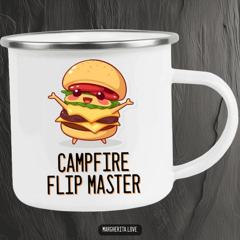 Funny camping mug featuring a playful burger character happily flipping itself, perfect for enjoying beverages during outdoor adventures.
