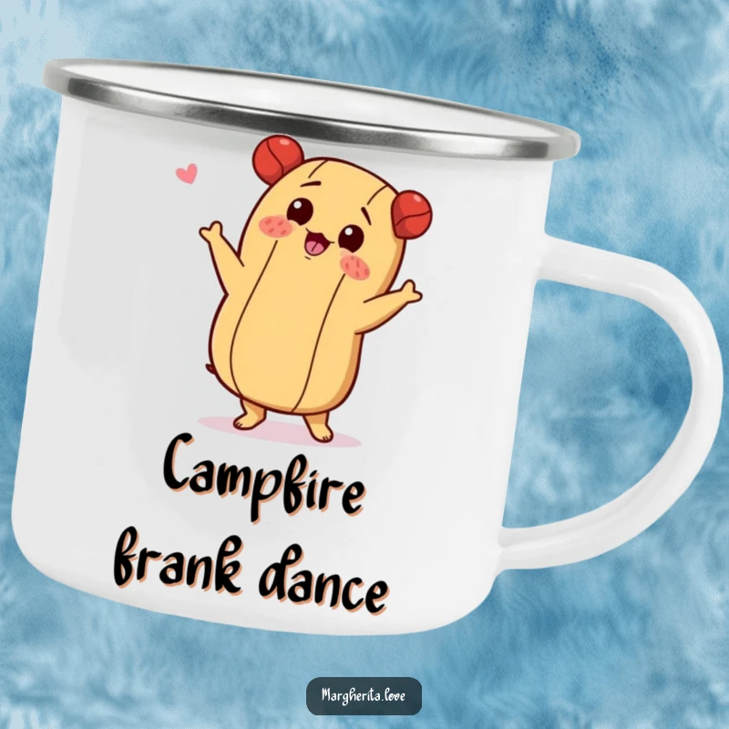 Funny camping mug with a hot dog character doing a playful shimmy, ready for outdoor fun.