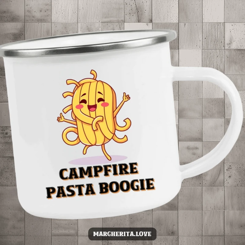 Funny pasta character doing a silly dance, featured on a durable camping mug, perfect for outdoor enthusiasts.