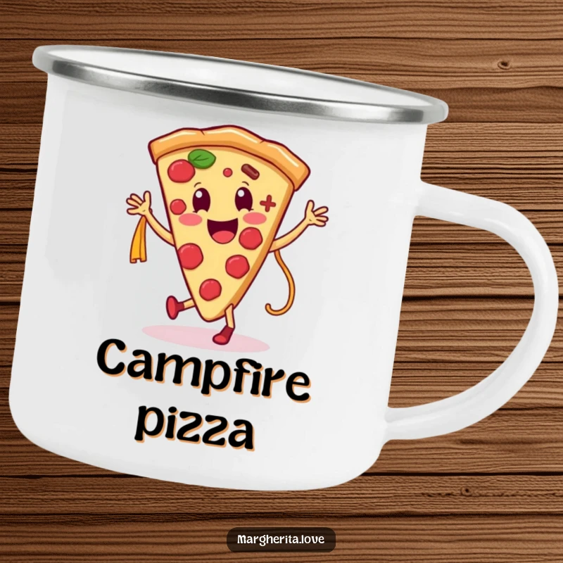 Funny camping mug depicting a smiling pizza slice character dancing with a pasta noodle, perfect for enjoying meals outdoors.