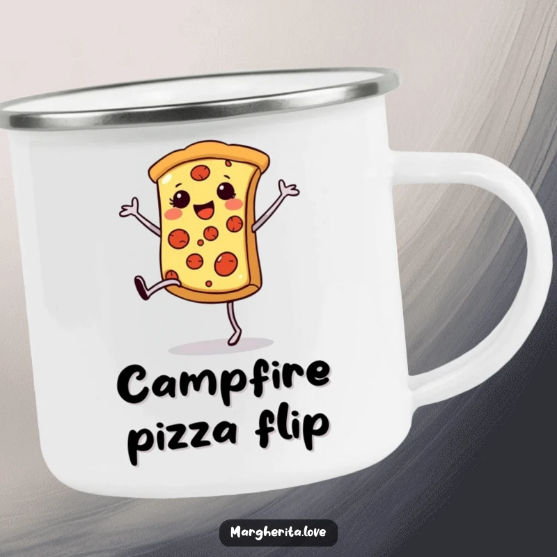 Funny pizza cartwheel camping mug, showing a happy pizza slice doing a cartwheel, ideal for outdoor brews.