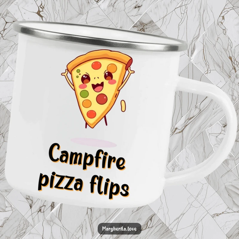 Funny camping mug design of a happy pizza slice with legs doing a cartwheel, perfect for outdoor adventures and pizza lovers, great funny gift.