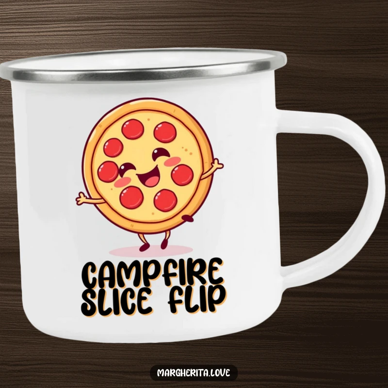 Funny pizza slice cartwheel camping mug, a smiling pizza slice gleefully cartwheeling, perfect for outdoor drinks.