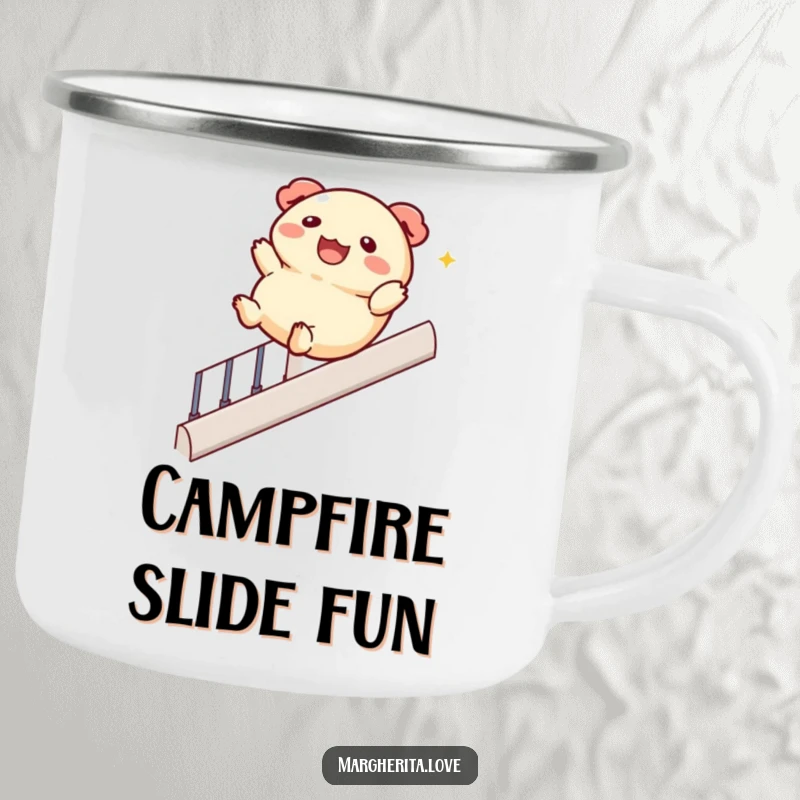Funny camping mug featuring a jolly dumpling character sliding down a banister, perfect for enjoying beverages during outdoor adventures.
