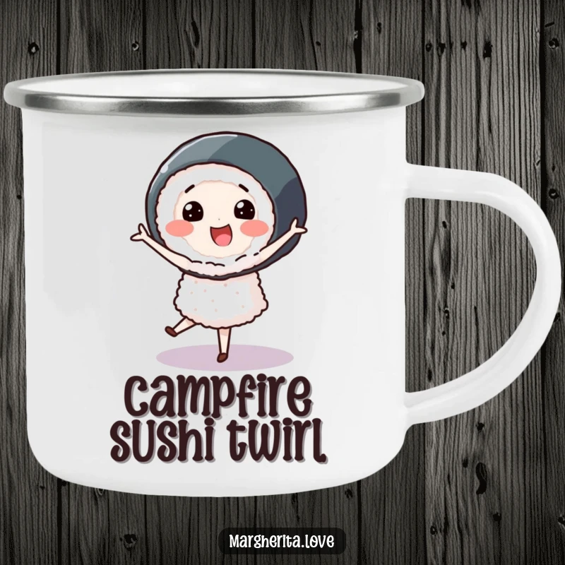 Smiling sushi roll character performing a graceful pirouette, designed for a sturdy and humorous camping mug.