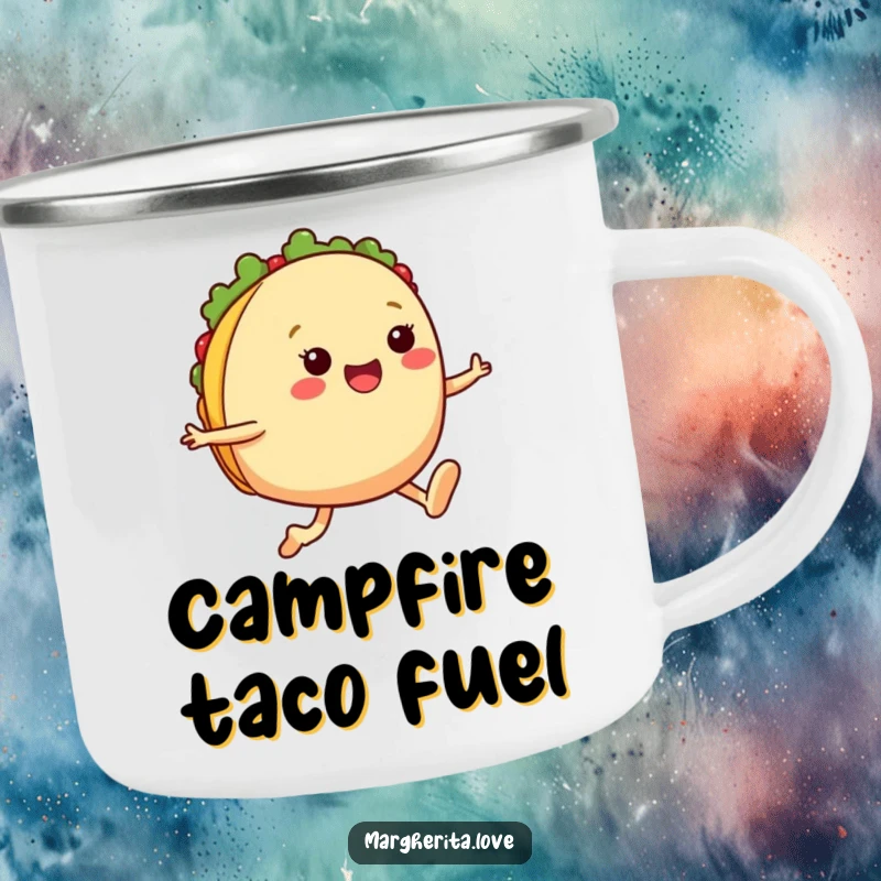 Funny taco jump camping mug featuring a cheerful taco with legs mid-jump, perfect for enjoying drinks outdoors with a fun, energetic vibe.