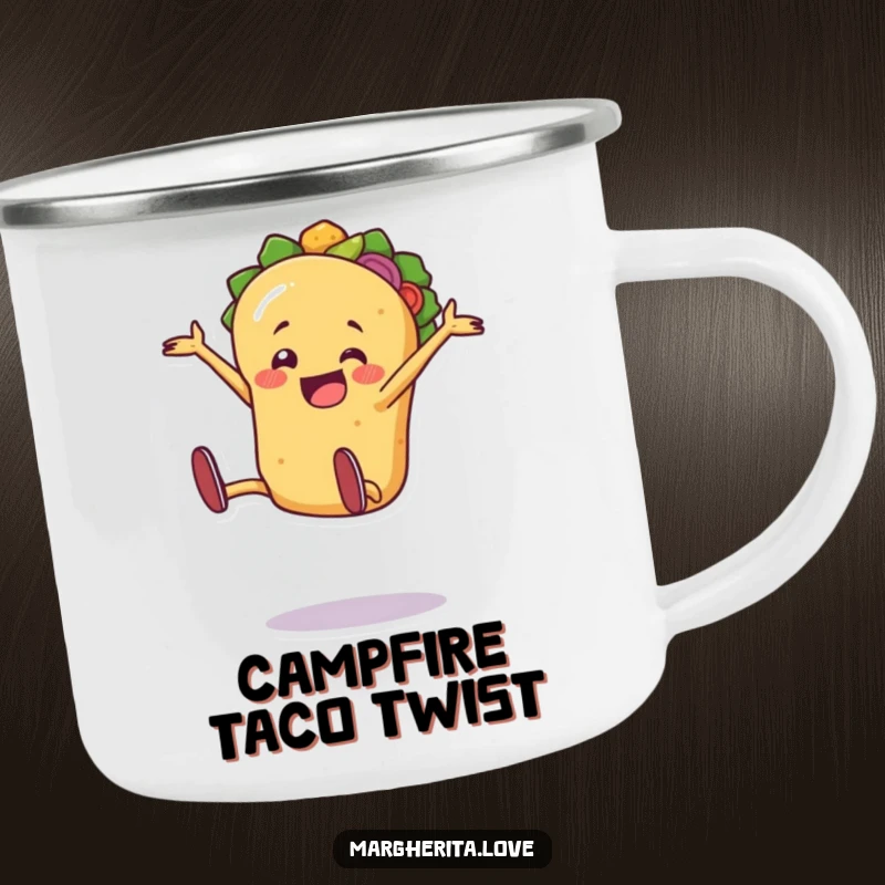 Jaunty taco person doing an excited cartwheel on a sturdy camping mug.
