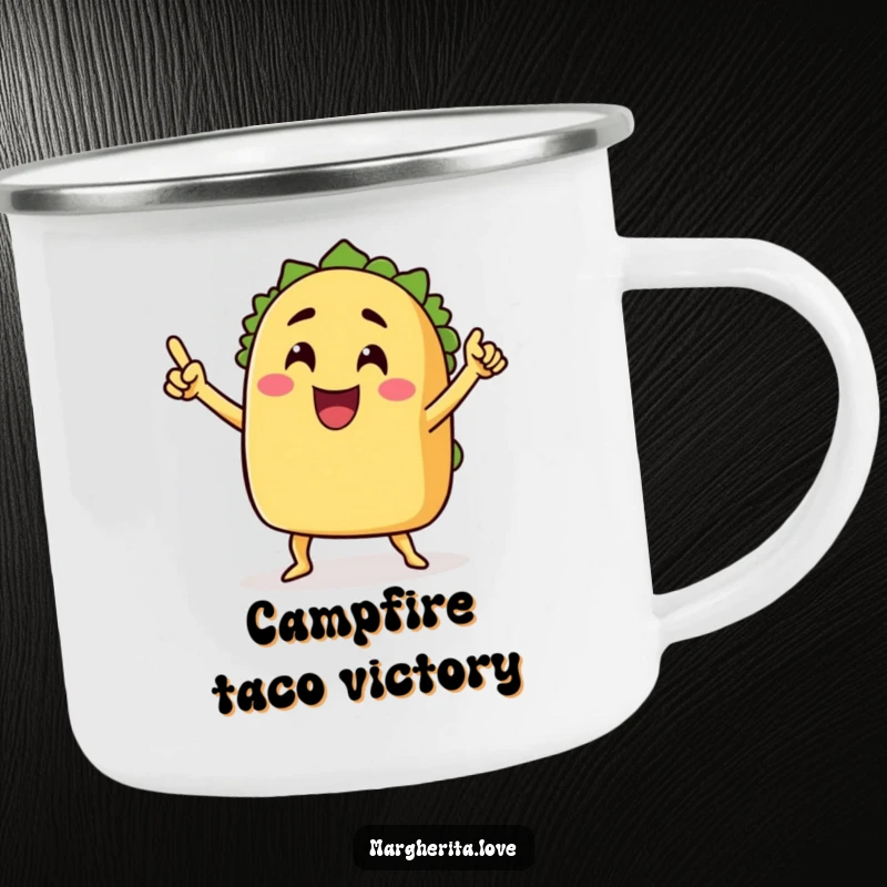 Funny camping mug design of a grinning taco with arms doing a victory dance, perfect for outdoor fiestas and laughter, great funny gift.
