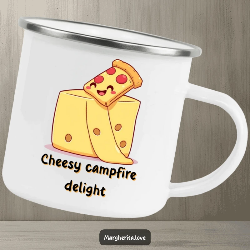 Funny pizza slice sliding down a cheese strand on a sturdy camping mug.