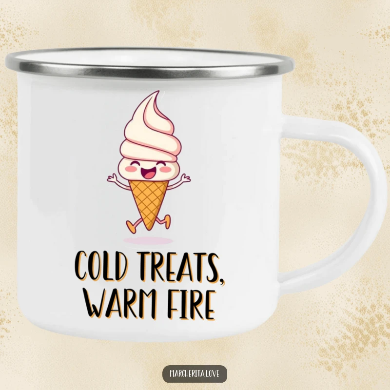 Funny ice cream camping mug with a beaming ice cream cone joyfully skipping, designed for outdoor use and cheerful moments.