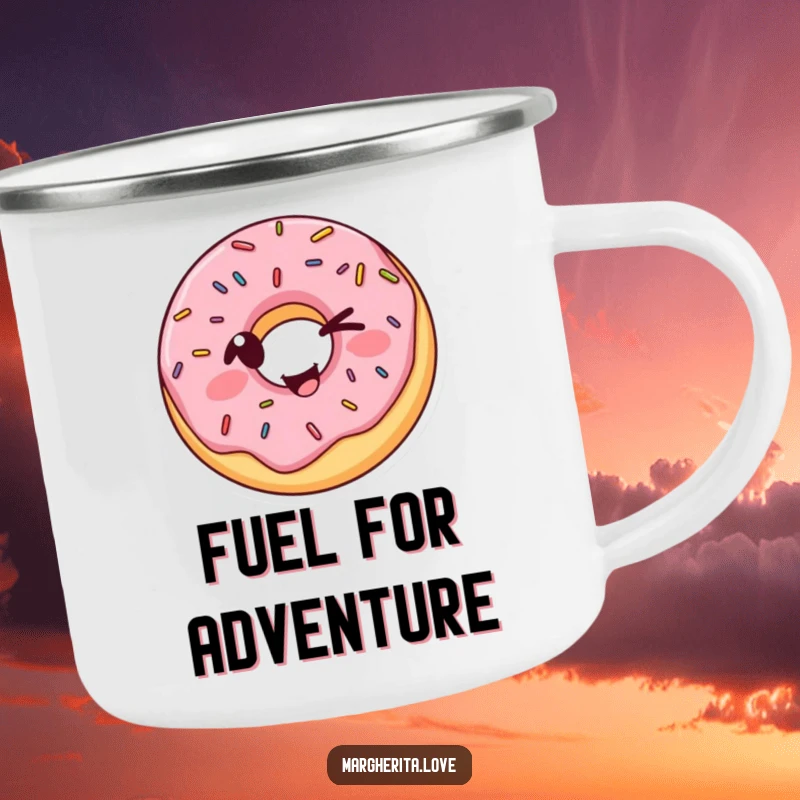 Funny Donut Camping Mug featuring a winking sprinkled donut in a silly pose, perfect for enjoying beverages outdoors with a humorous twist.