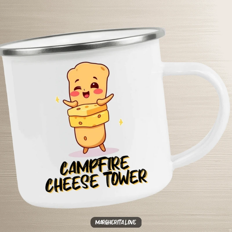 Funny giggling baguette character balancing cheese on a durable camping mug, perfect for outdoor food lovers.