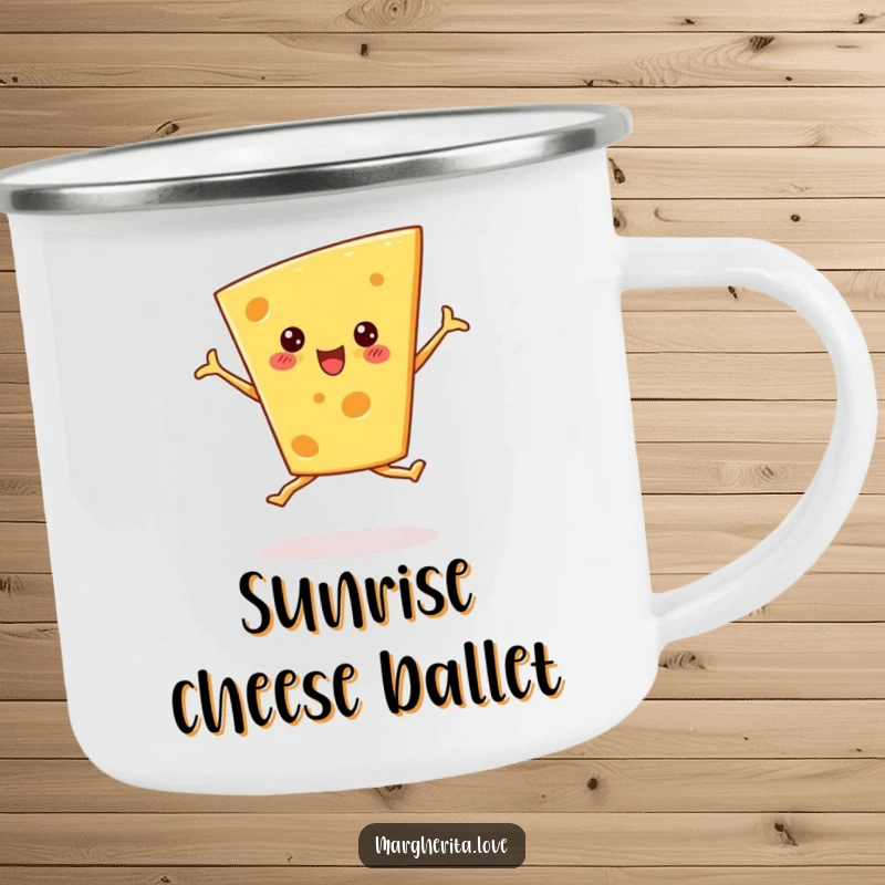 Funny cheese wedge camping mug doing a ballet pirouette, perfect for outdoor enthusiasts and coffee lovers.