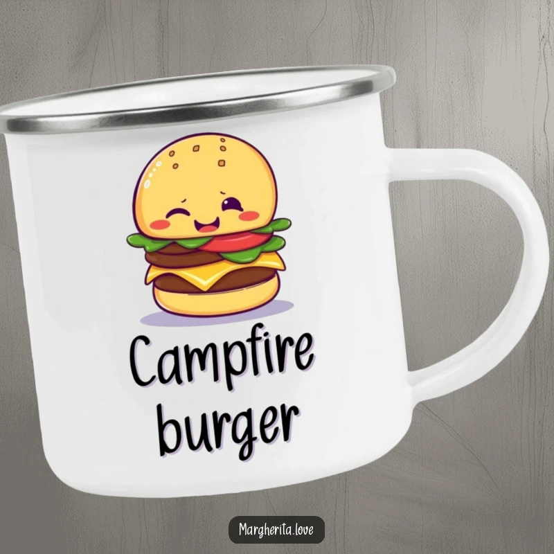 Funny cheeseburger wink camping mug featuring a giggling cheeseburger giving a playful wink, perfect for enjoying drinks outdoors with a fun vibe.