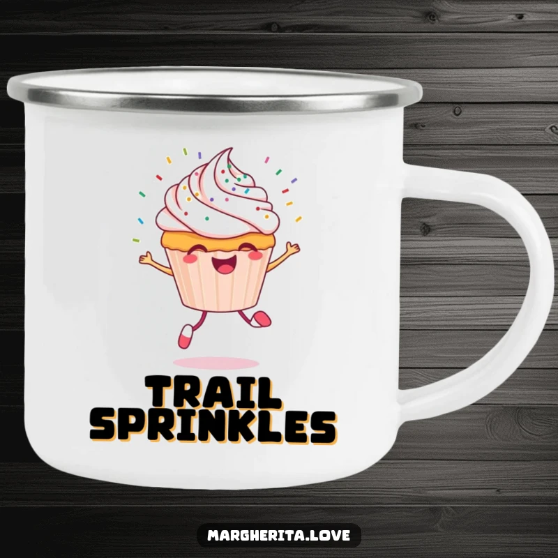 Funny cupcake camping mug depicting a cheerful cupcake character skipping with colorful sprinkles flying, ideal for travel.