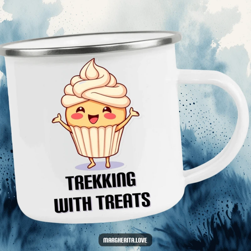 Funny cupcake camping mug featuring a joyful character with frosting doing a dance, perfect for enjoying beverages outdoors with cheer.