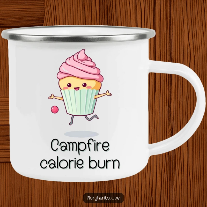 Funny camping mug: A happy cupcake skips rope with frosting flying, perfect for outdoor fun and sweet moments.