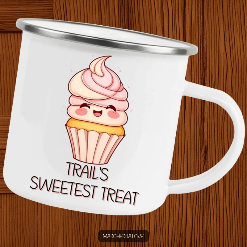Funny camping mug featuring a playful cupcake with frosting hair, spinning excitedly, perfect for outdoor fun.