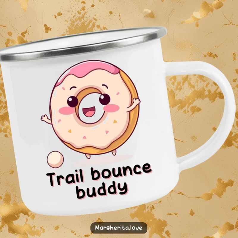 Funny donut camping mug depicting a delighted donut character merrily bouncing a small ball, ideal for travel.