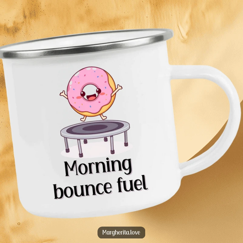 Funny bouncy donut character jumping on a trampoline, enamel camping mug.