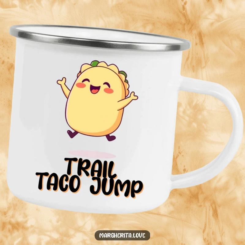 Funny happy taco jump camping mug, a plump, joyful taco leaping, perfect for outdoor fiesta drinks.