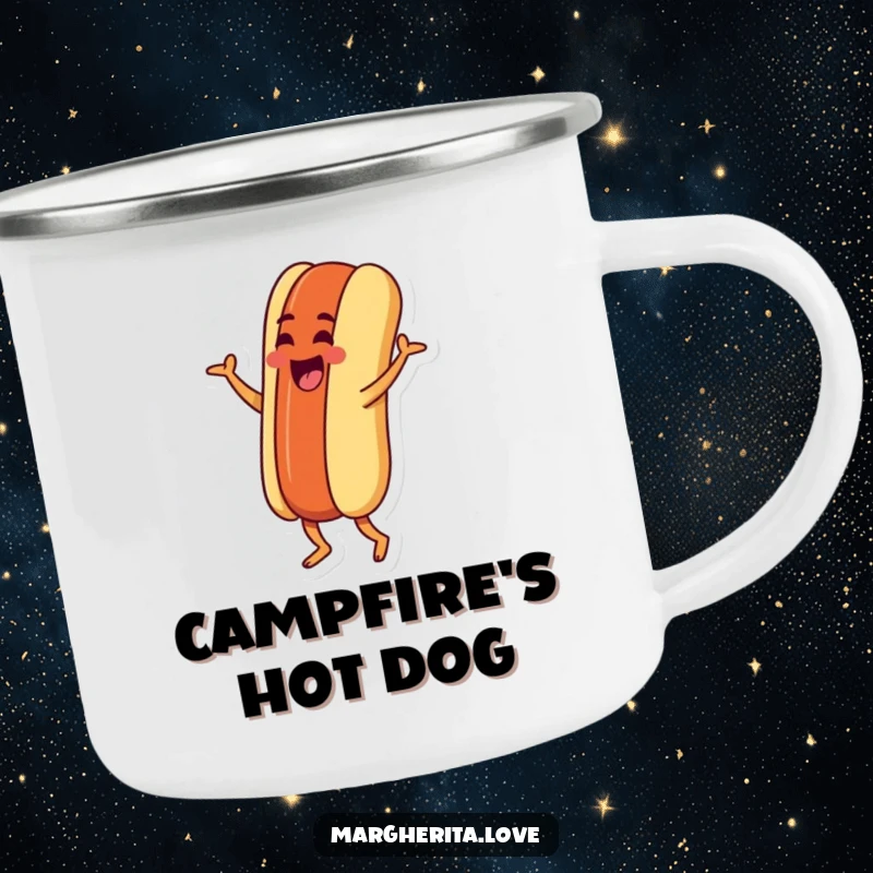 Funny camping mug featuring a goofy hot dog character doing a silly jig, perfect for outdoor enjoyment and humorous hydration.