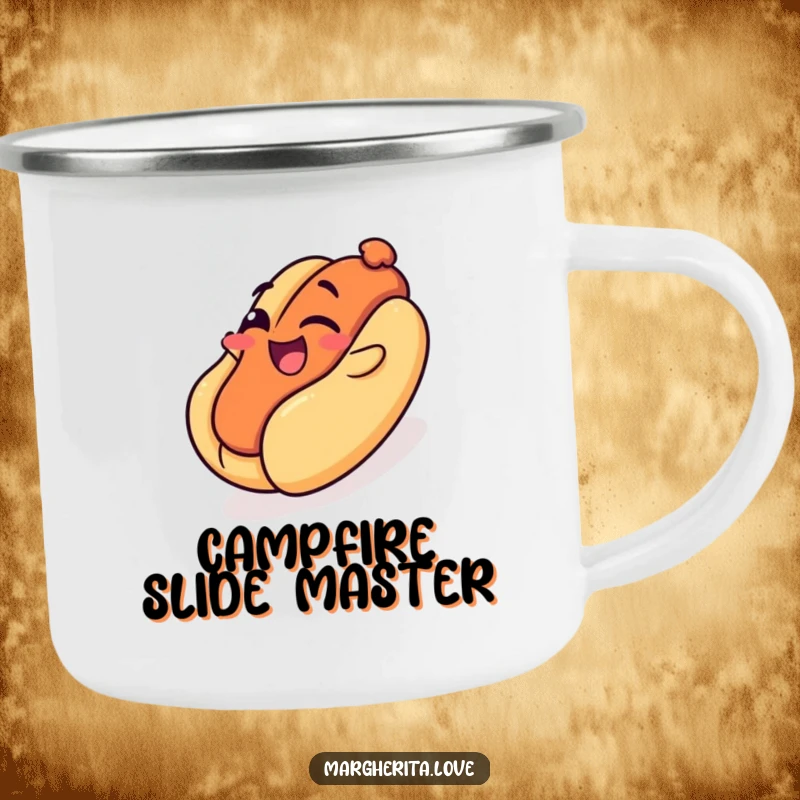 Funny camping mug: A winking hot dog slides down a bun like a playground, perfect for outdoor fun and humor.